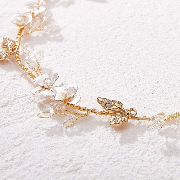 Wedding Headband Flower Leaf Bridal Hair Accessory for Brides Pieces Gold main image 6